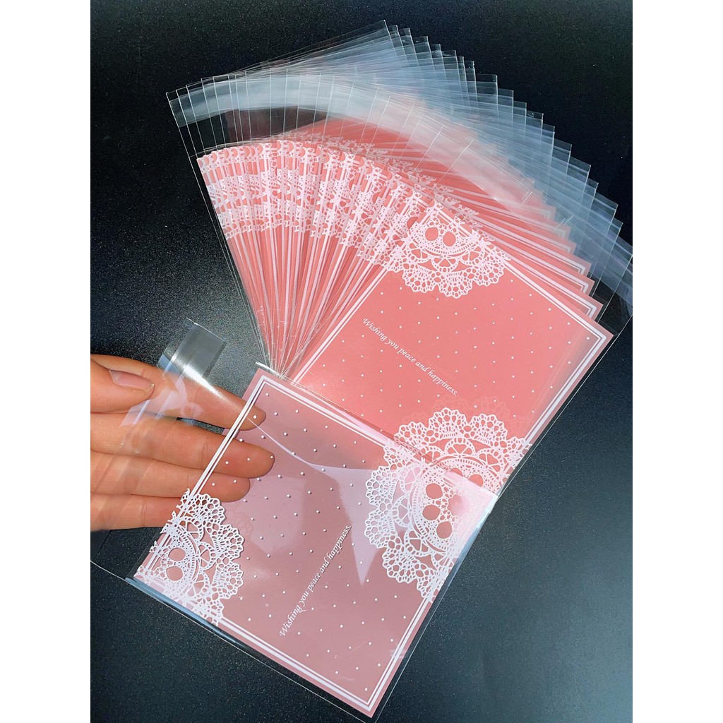 

100pcs Pink Lace Printing Opp Self-sealing Bags, Small Gift Bags, Party Event Holiday Gifts Candy Decorative Bags
