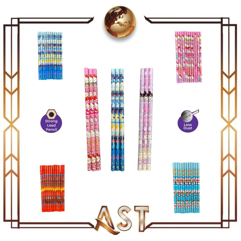 

AST Pensil 2B Karakter Lucu Anak Sekolah 1 Lusin 12pcs Kuromi Doraemon Hellokitty stitch unicorn Spiderman