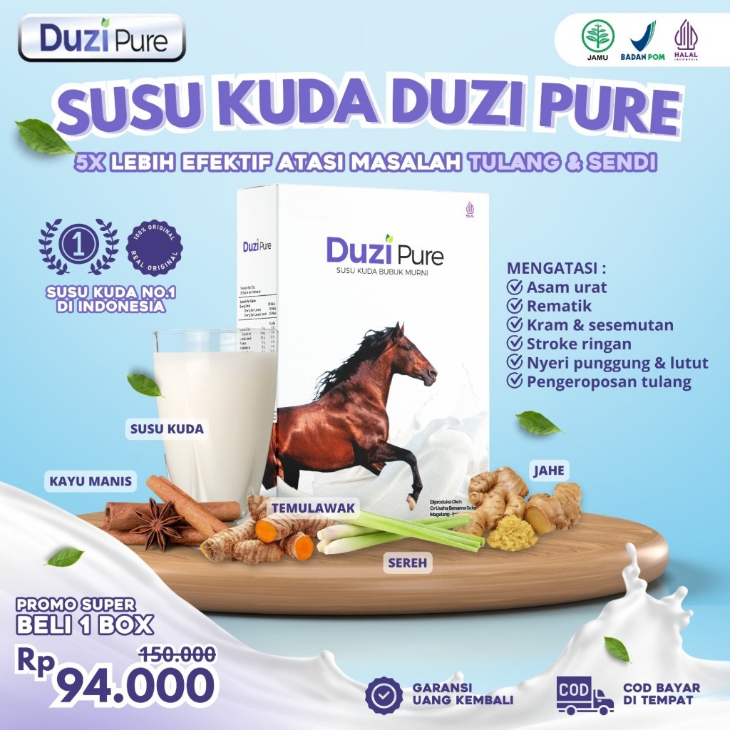 

Duzi Pure - Susu Kuda Lombok Kalsium Atasi Nyeri Sendi, Asam Urat, Kebas & Kesemutan 100% Original