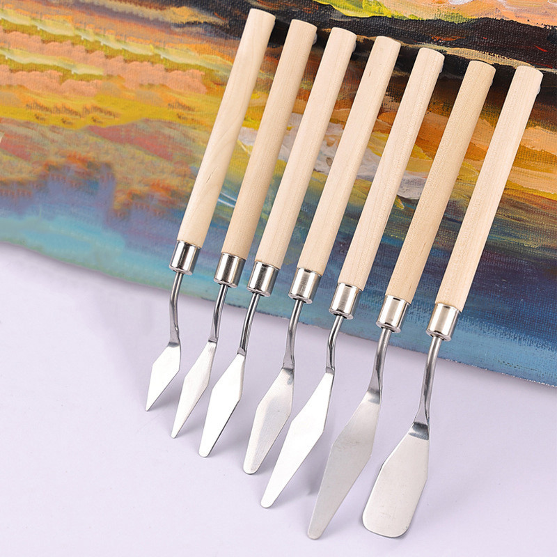 

7pcs/set Palette Knife Set, Stainless Steel Spatula Painting Knives, Wooden Handle Painting Pallet Knife Set for Oil Painting