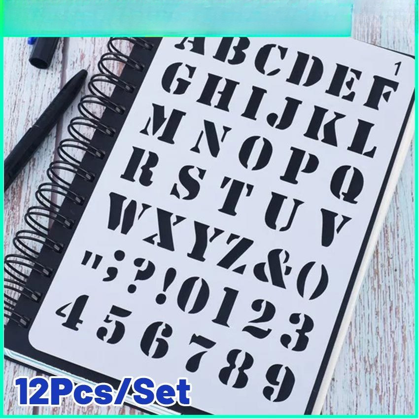 

12Pcs/Set Penggaris Cetakan Huruf Angka Penggaris Sablon Stensil Huruf Alfabet