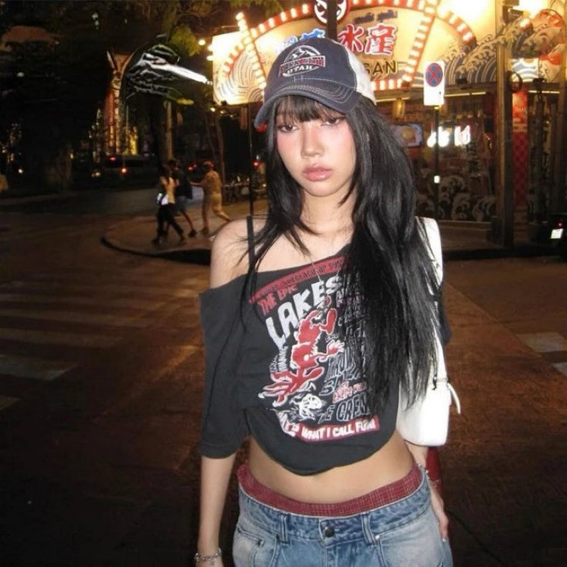 DUTTYSTORE  Lakeside Offshoulder Shirt Asymmetrical Top Y2K AHS Stockholm Streetwear Acubi Style