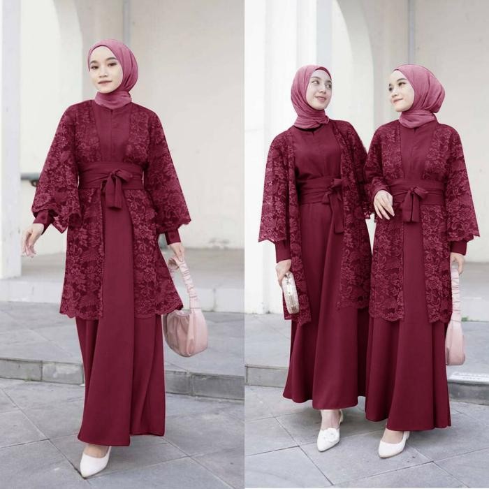 Maxi gamis kondangan cardigan 2in1 bisa busui bahan brukat gliter QA - Biru, CARDI SAJA
