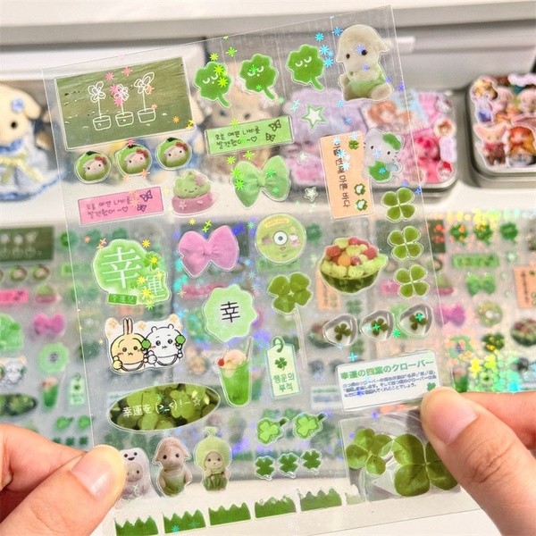 

Steve 4pcs Set Green four-leaf Clover Transparent Star Glitter Film Cut Stickers Jouranl Deco Stickers