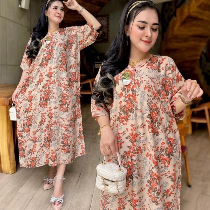 Iva Daster Jumbo Kekinian Ld 130 Terbaru Lengan Pendek Long Dress Rayon Premium Motif Batik Pekalong