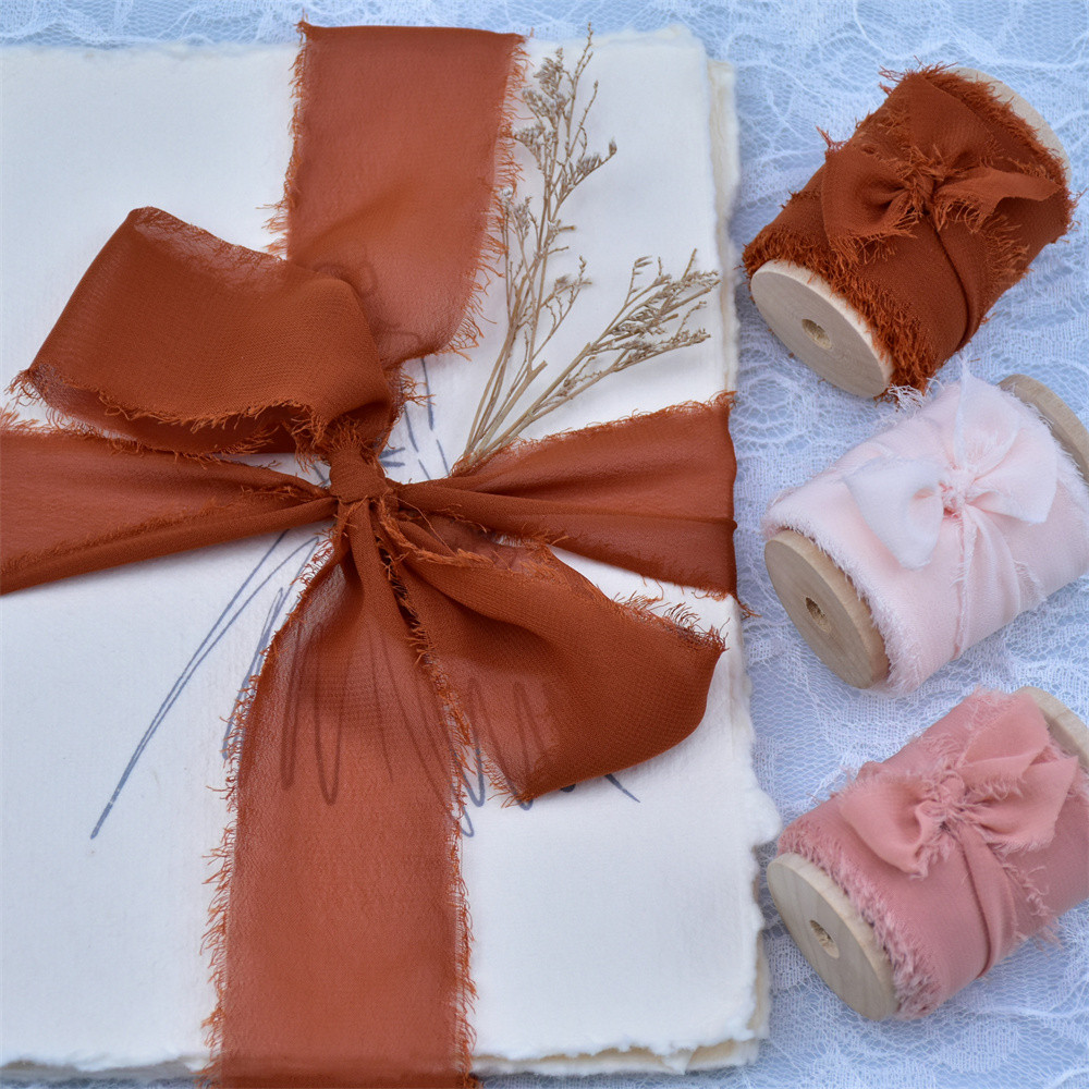 

Handmade Silk Chiffon Wedding Ribbons Frayed Edges with Wooden Spool Invitation Bouquet Gift Wrapping Sheer Fringe Tape Flatlay