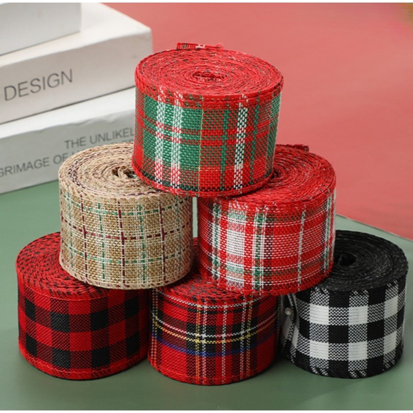 

6M/Roll Vintage Imitation Hemp Ribbon Wire Christmas Decors Red Green Grid Linen Ribbons for DIY Crafts Bow Handmade Gift Wrap