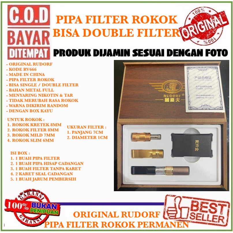 ORIGINAL RUDORF RV666 PIPA DOUBLE FILTER SARINGAN ASAP PERMANEN BAHAN METAL BISA SEMUA UKURAN