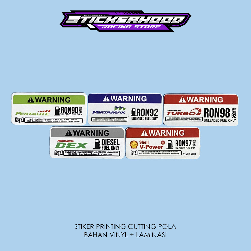 STICKER STIKER UNLEADED FUEL WARNING RON 92 98 PERTALITE PERTAMAX TURBO DEXLITE SHELL V POWER