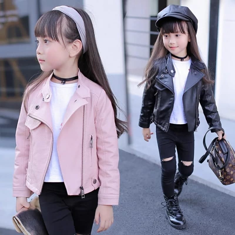 Jaket kulit sintetis anak perempuan laki laki unisex warna pink black merah muda hitam resleting zip