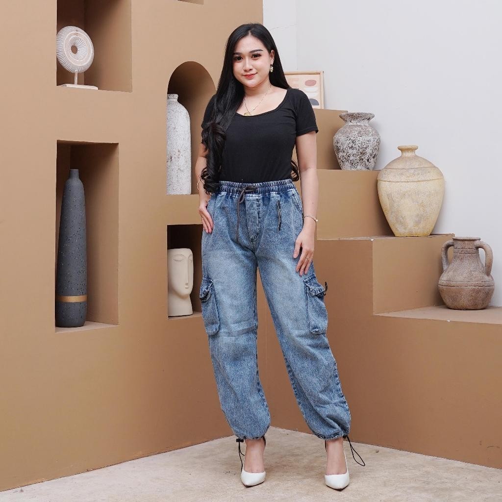 JONASH - CELANA JEANS PANJANG JOGER CARGO BAWAH SERUT WANITA DENIM JINS KEKINIAN SIMPLE OUTFIT KOREA