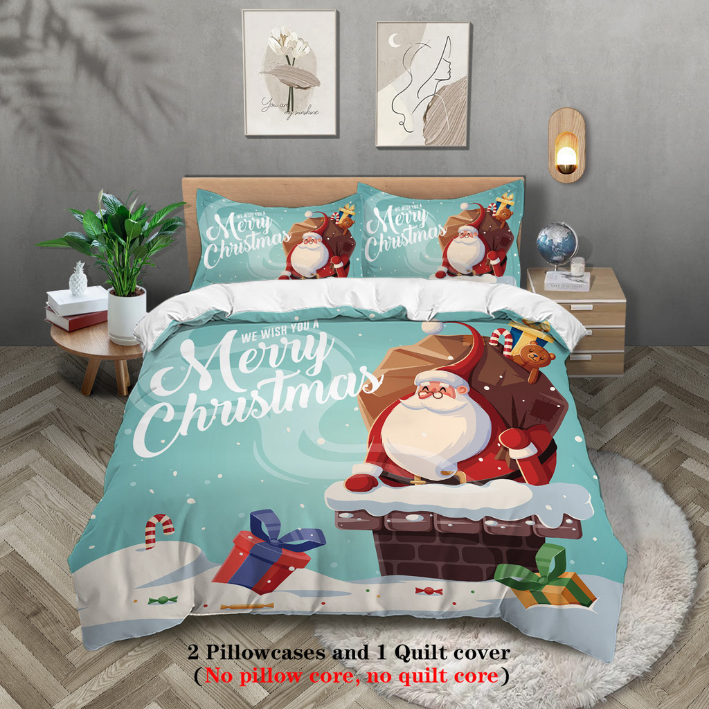 

3-piece Christmas themed Santa Claus snowman print (1 duvet cover+2 pillowcases, no core) soft bedding set
