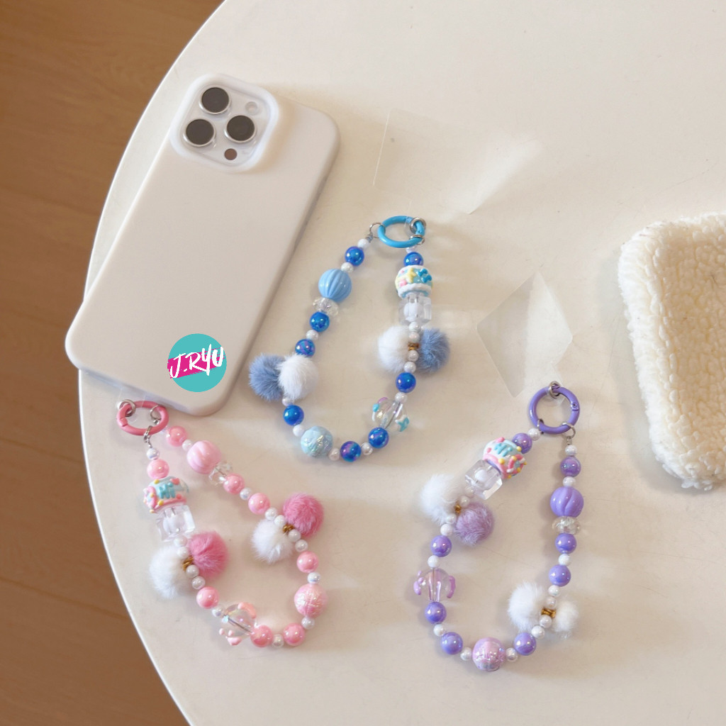 JRYU Gantungan hp Korea TWO TONE FUR BALL , gantungan gelang ,gantungan tas