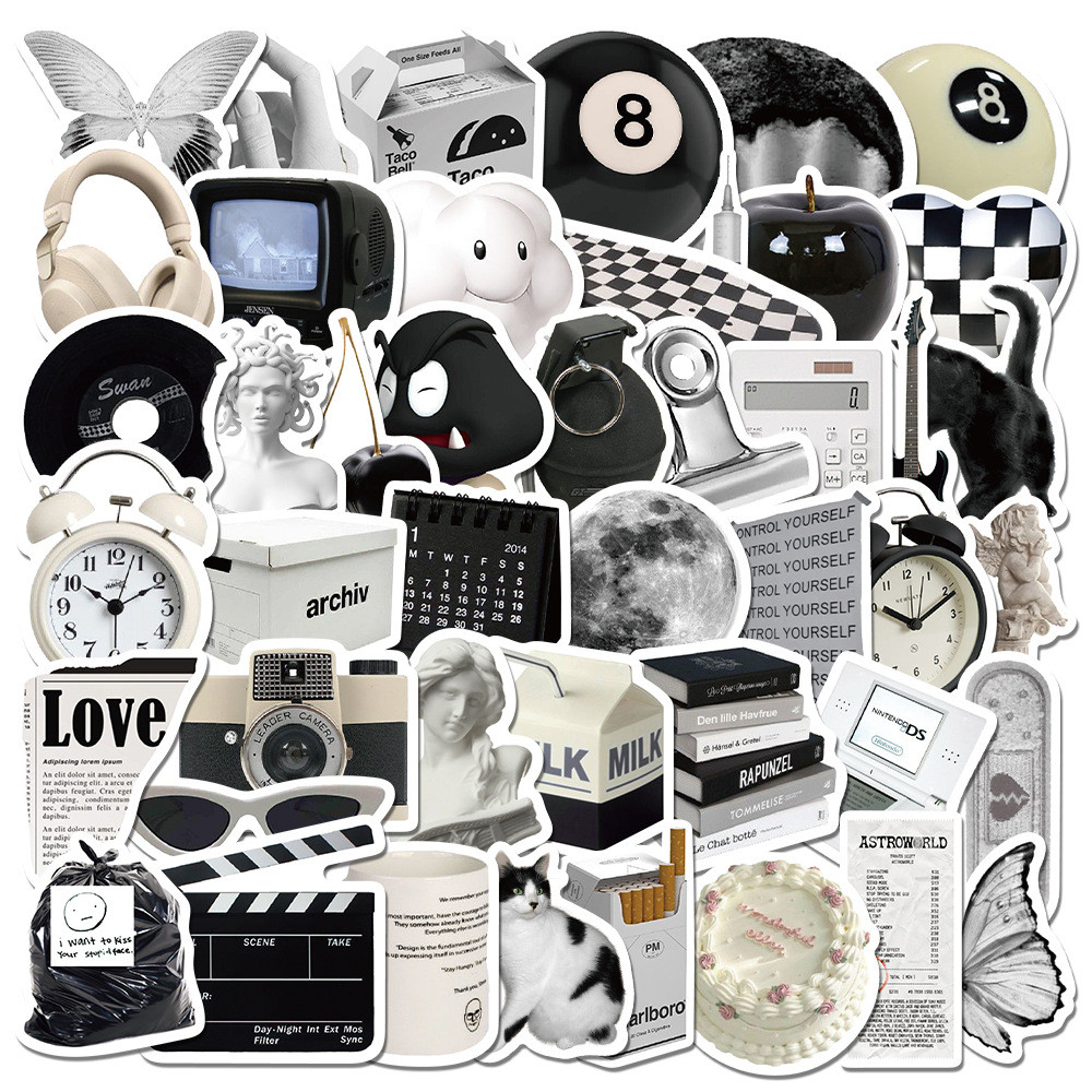 

10/20/60pcs Cute Black White Ins Style Stickers Aesthetic Decoration Toy Laptop Phone Tablet Scrapbook Suitcase Fridge Sticker