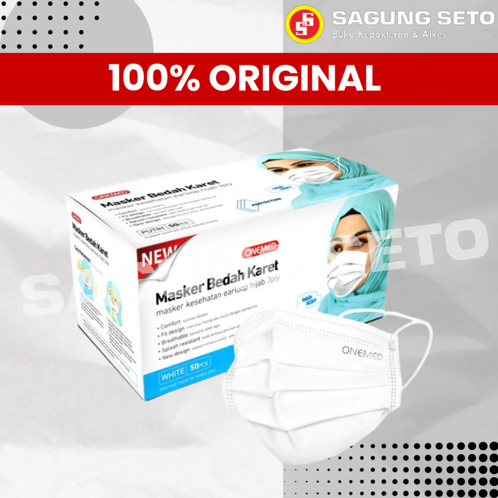 MASKER HIJAB 3PLY PUTIH ONEMED- MASKER BEDAH KARET HIJAB WARNA PUTIH ISI 50PCS