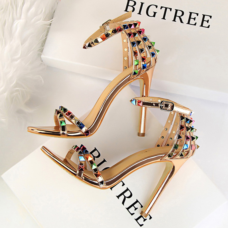BIGTREE Shoes Color Rivets Women Sandals Roman Style Heeled Sandals Hollow Out High Heels Stiletto S