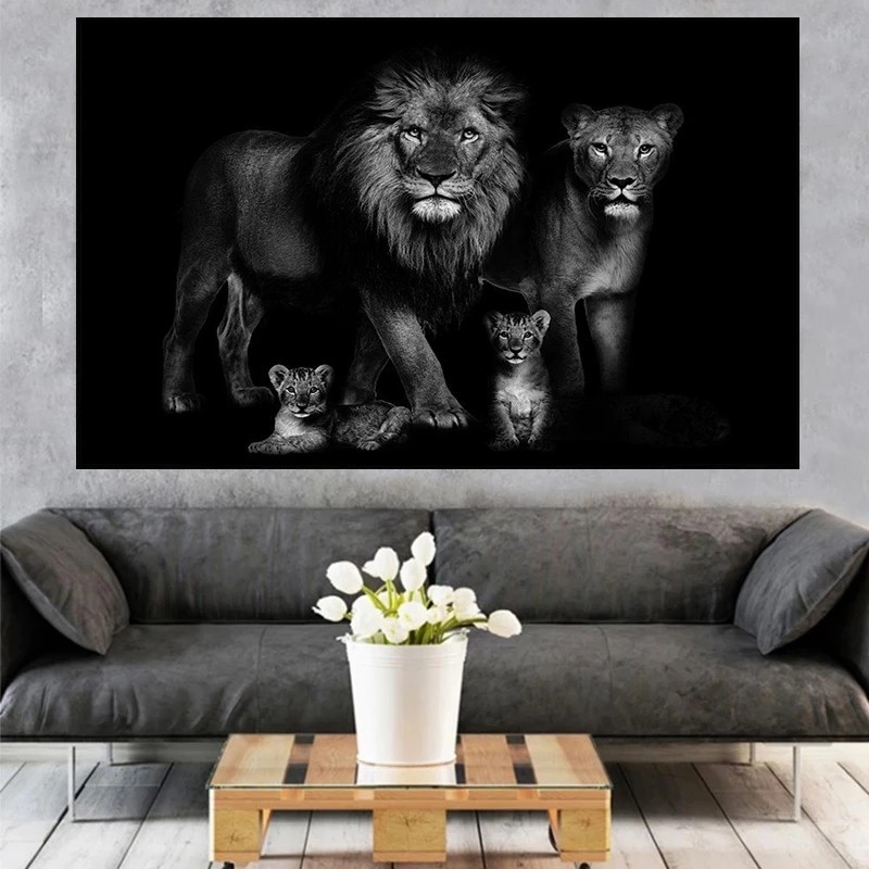 

Animal Art Canvas Painting Baby Lion Family Poster and Prints Black & White Wall Art Pictures for Living Room Home Decor Cuadro
