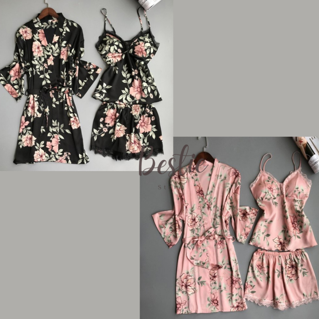 MEGA PROMO Bestie Setelan Baju Tidur Kimono Satin Set Tanktop dan Celana Pendek 3in1 Motif Bunga Can