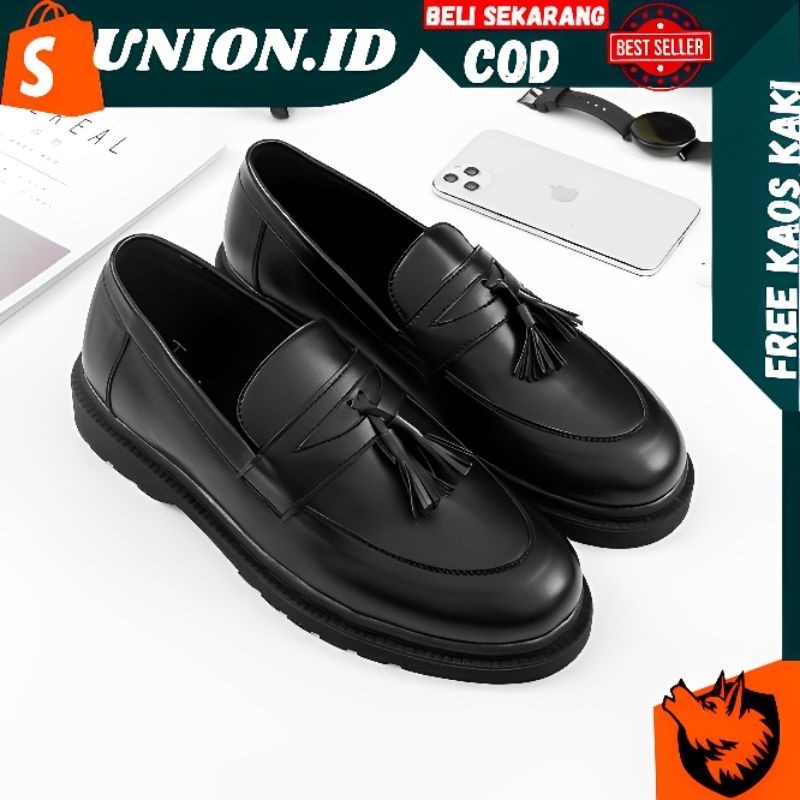 promo UNION PRABU Sepatu Formal Pantofel Pria Casual Loafers Hitam Tali Kerja Kantor Kuliah Fashion 