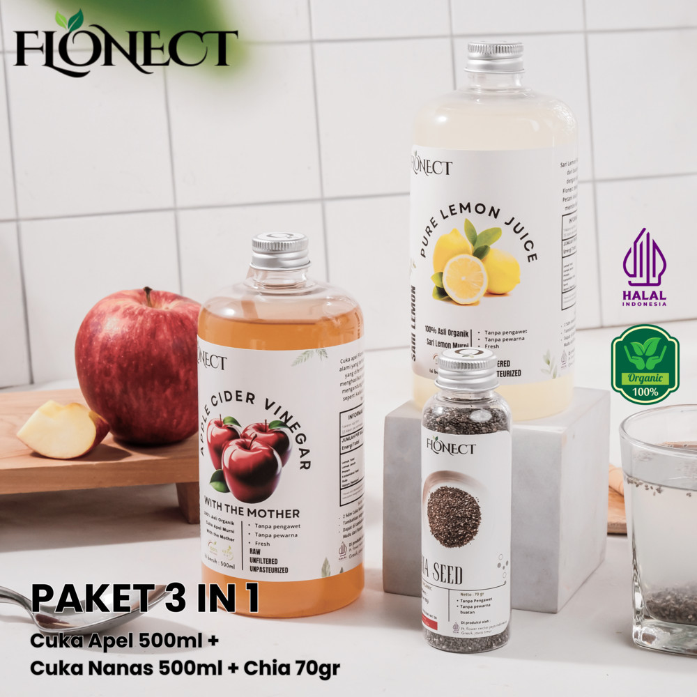 

Flonect Paket 3 in 1 Sari Lemon 500ml, Cuka Apel 500ml dan Chia Seed 70gr