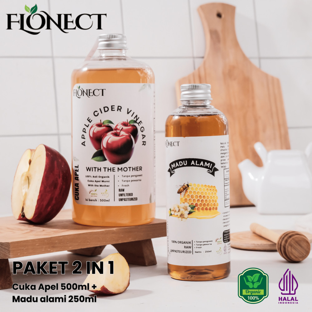 

Flonect Paket 2 in 1 Cuka Apel 500ml dan Madu Alami 250ml