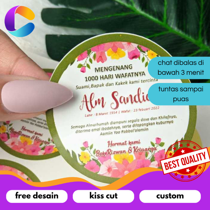 

Cetak INC Print Cetak Sticker Mengenang Bulat Stiker Tahlil Wafat Chromo 7 40 100 1000 Hari Bandung