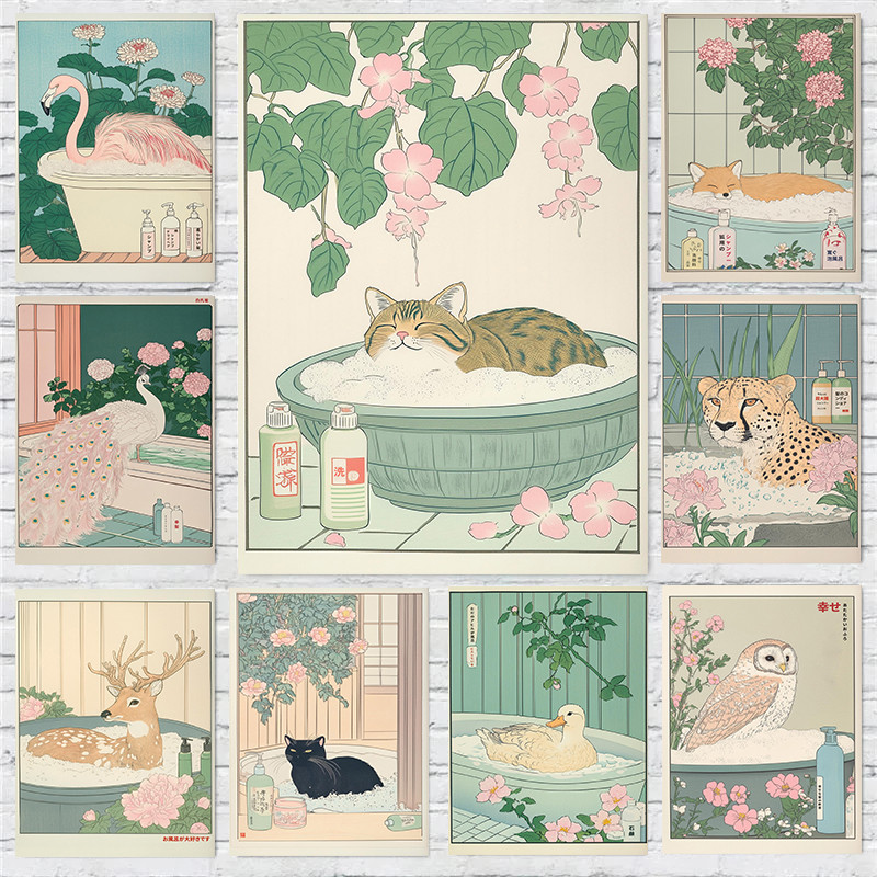

Japanese Bathroom Cheetah In Bathtub Deer Fox Cat Albino Peacock Poster Print Wall Art Pictures Canvas Painting Room Home Decor