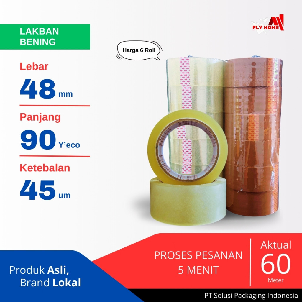

Flyhome Lakban Bening 2 Inci 90yard 48mm x 90yard 6 Roll 90 Yard ECO