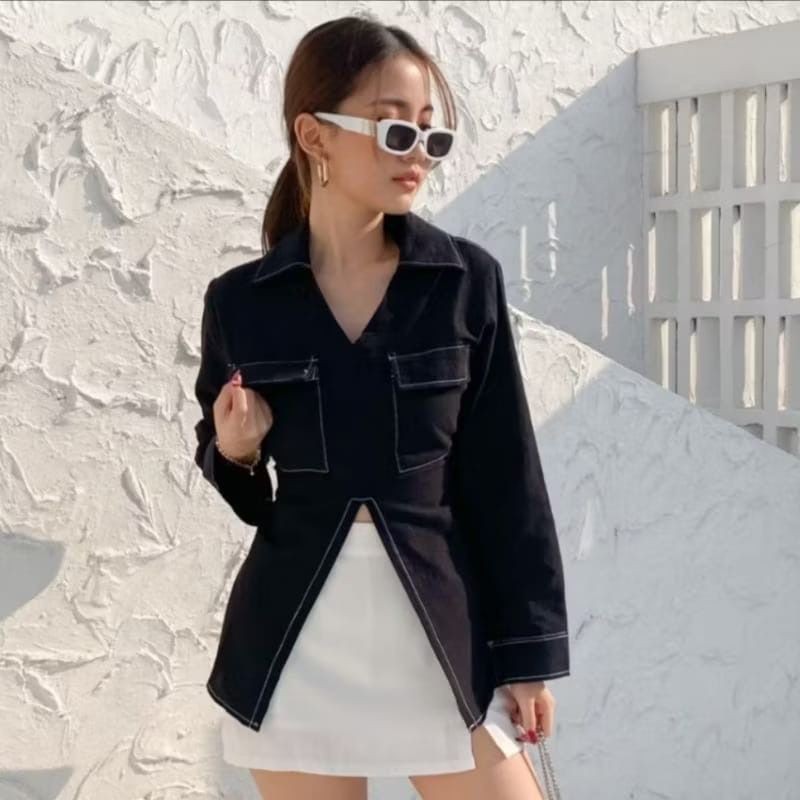 T33 - RJD OOTD Kemeja Outer Lengan Panjang Slit Polos Terbaru / PAULA Top Kemeja Slit Lengan Panjang