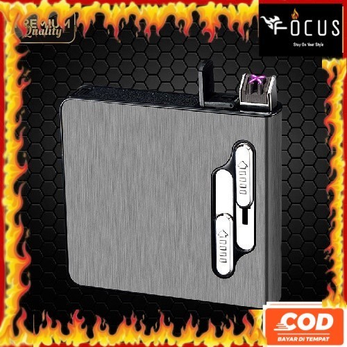 Firetric Kotak Tempat Rokok 20 Slot dengan Korek Elektrik USB Rechargeable/Wadah Rokok Plus Korek