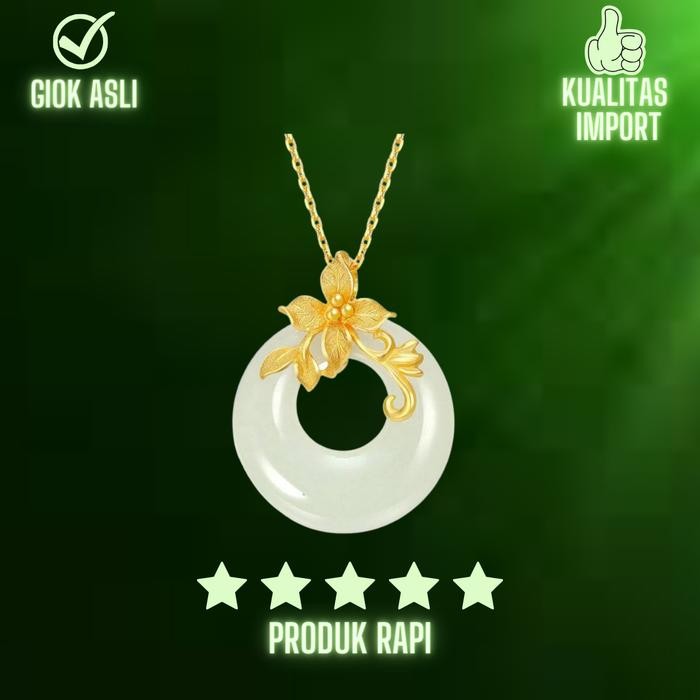 Kalung Giok Wanita Putih Liontin Bulat Bunga Perhiasan Giok Hoki