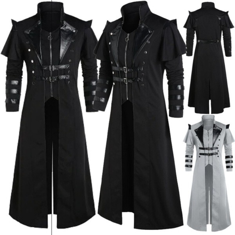 Vintage Men's Gothic Steampunk Long Jacket Trench Coat Retro Medieval Warrior Knight Overcoat Male V