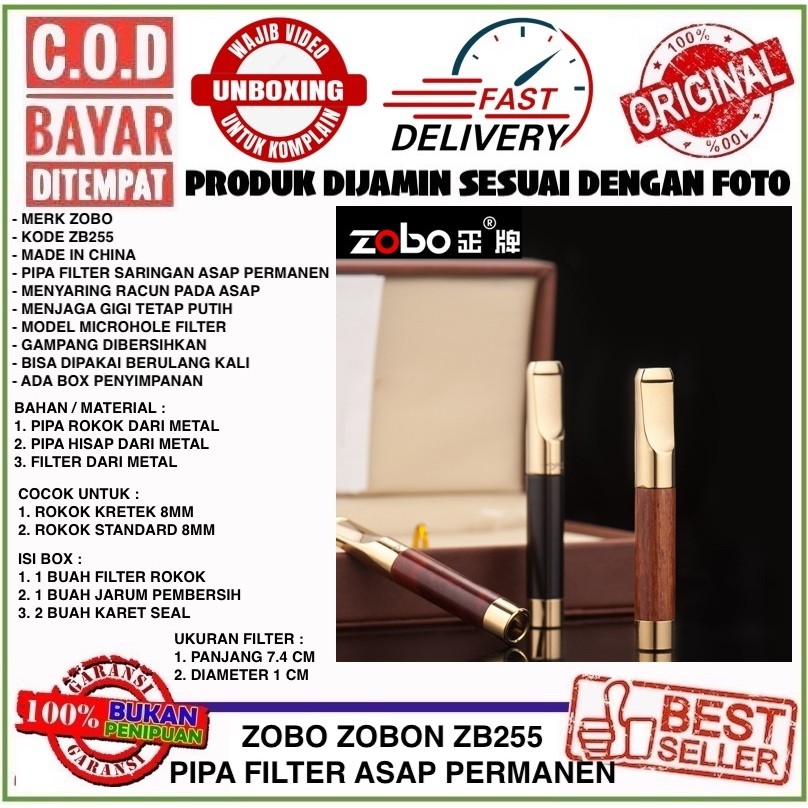Zobo ZB255 Pipe Holder Pipa Filter Saringan Asap Permanen Bahan Metal Lapis Kayu Asli Untuk 8mm
