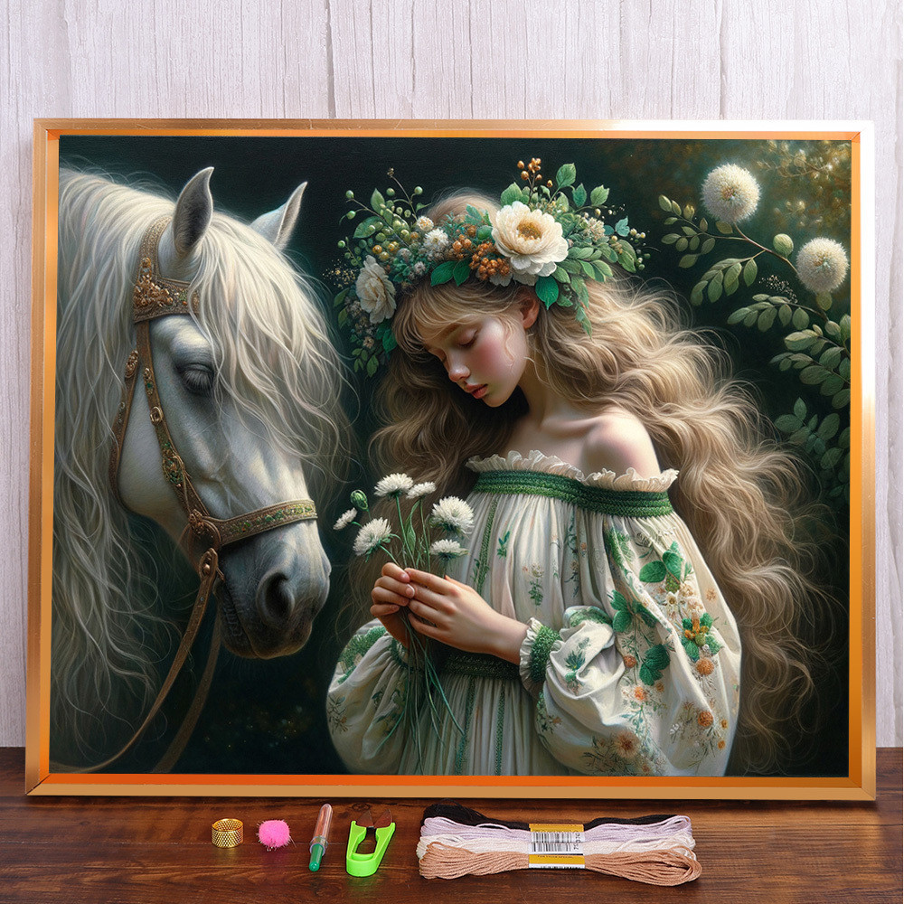 

Flower Girl Horse Printed Fabric Cross Stitch Kit Embroidery Painting Knitting Hobby Needlework For Adults Package Mulina