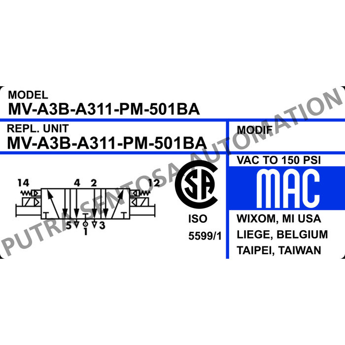 ISO3 VALVE 5/3 OPEN CENTER DOUBLE SOLENOID VALVE ISO5599/1 MAC MV-A3B-A311-PM-121BA