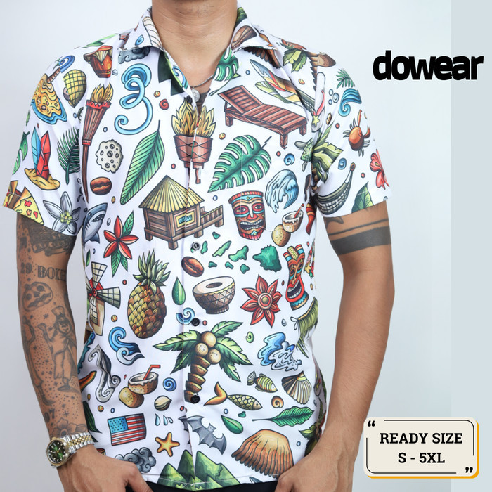Hem Baju Kemeja Hawai Motif Pria Wanita Lengan Pendek HAWAI PUTIH 025 - Dewasa S