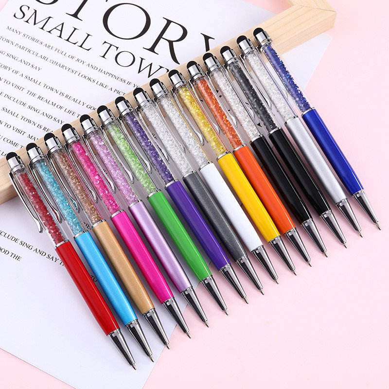 

6pcs/set Round Body Retractable Metal Ballpoint Pen Ergonomic Floating Glitter Dynamic Black Ink 2-in-1 Crystal Touchscreen Pen