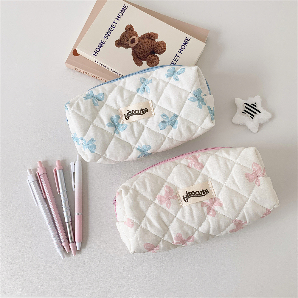 

Korean Bow Pencil Case With Cream-Colored Girly Bow Student Stationery Storage Bag Quilted Pencil Pouch For School