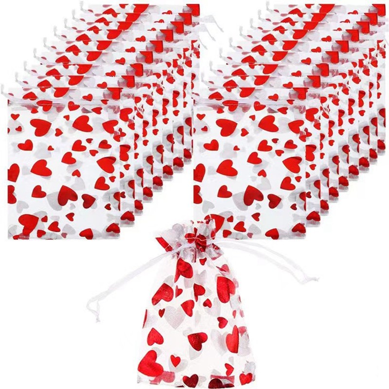 

20pcs Red Love Heart Organza Bags Wedding Party Gift Candy Drawstring Bag Valentines Day Jewellery Pouches Display