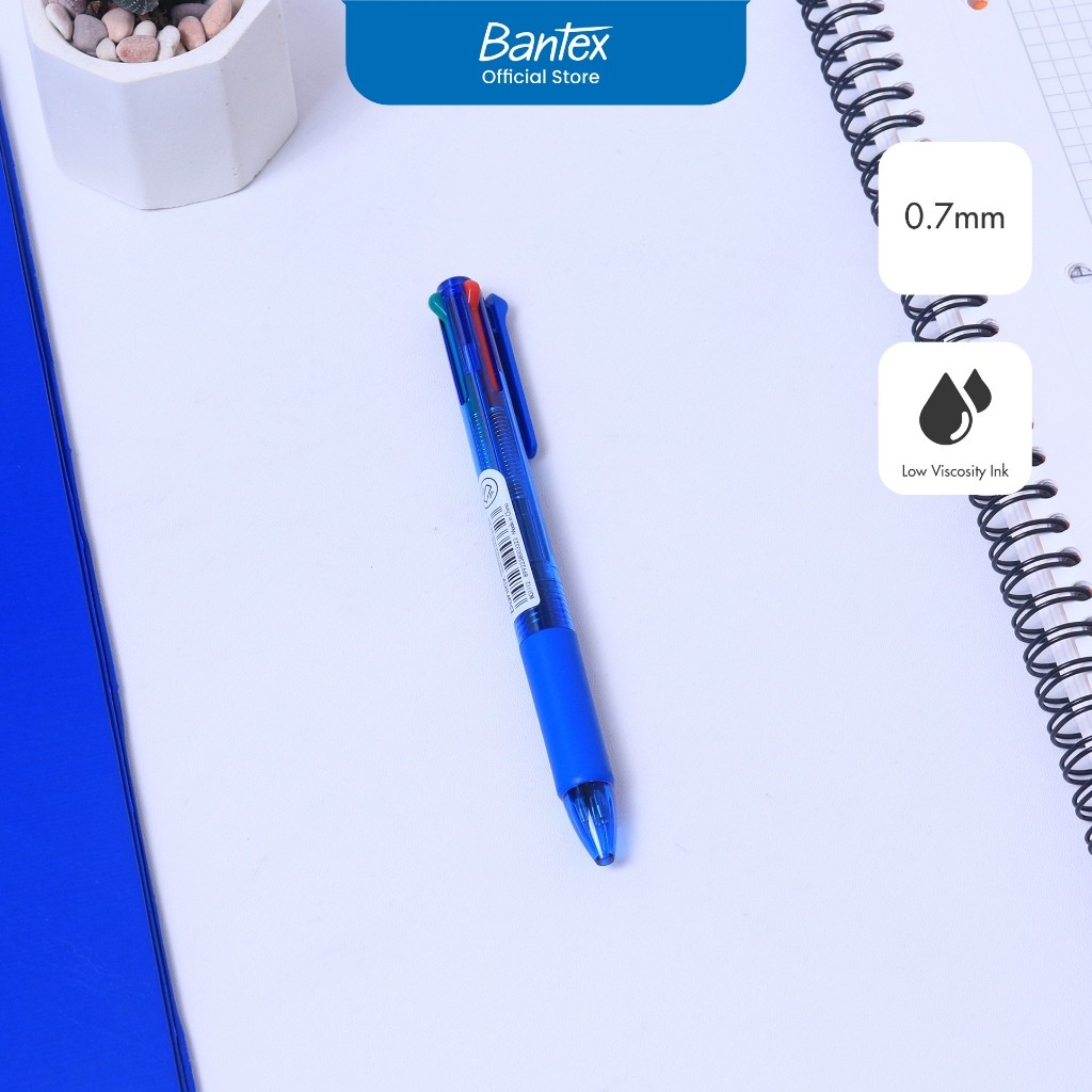 

(PCS) Bantex Pulpen 0.7 mm 4 Warna / Ballpoint Pen Pegangan Karet Lembut BG1112