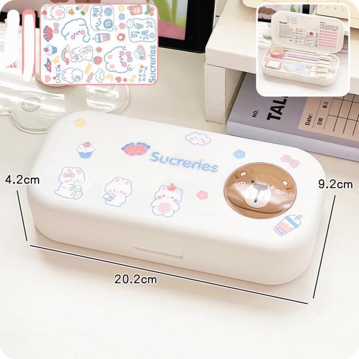 

Aksesoris Promo Moerah~ Kotak pencil estetik Pencil Case Pastel 2 tingkat Cute tempat pencil sekolah ATK - Putih Bear