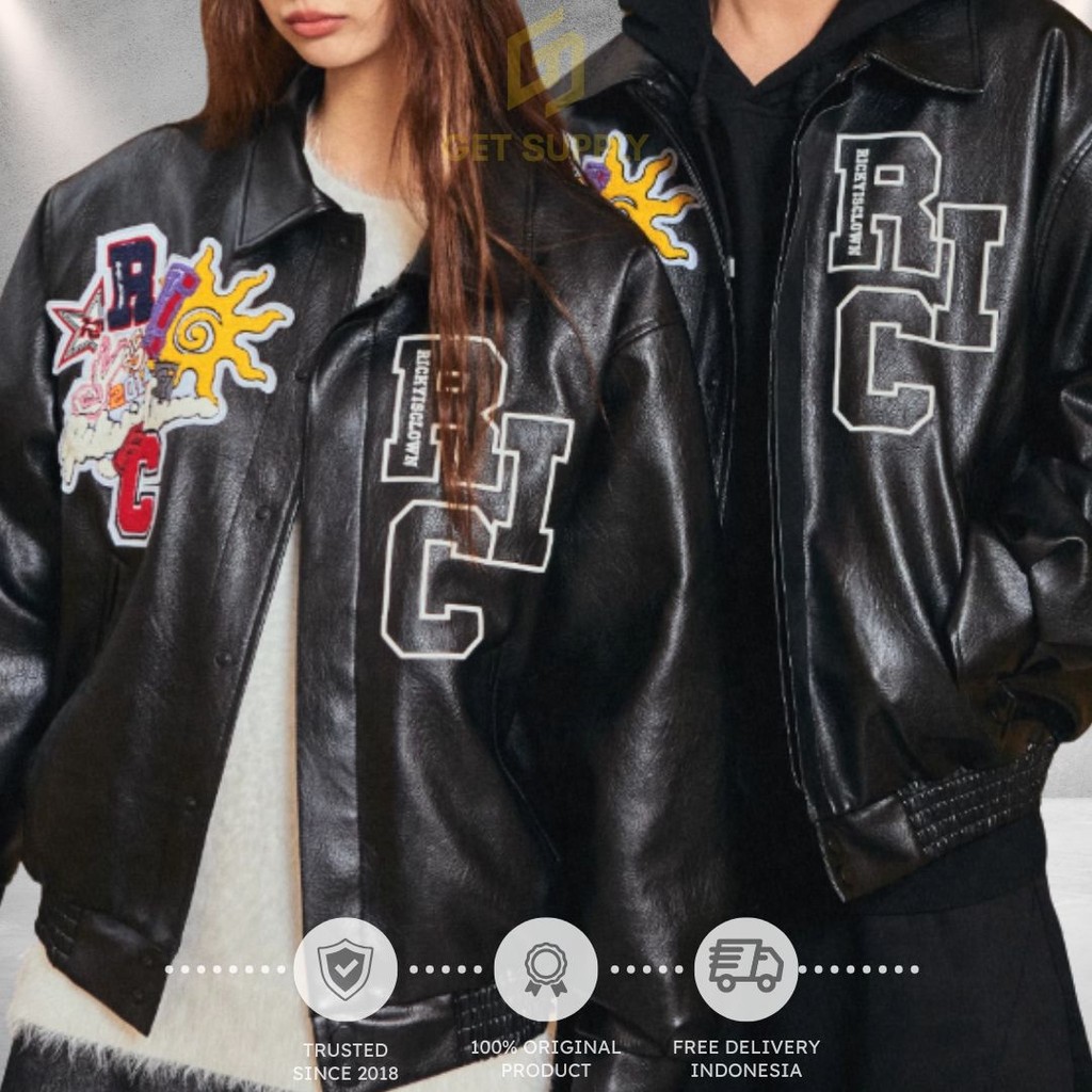 RICKY IS CLOWN RIC LEATHER VARSITY JACKET BLACK COAT EMBROIDERY JAKET KULIT RICKYISCLOWN ORIGINAL