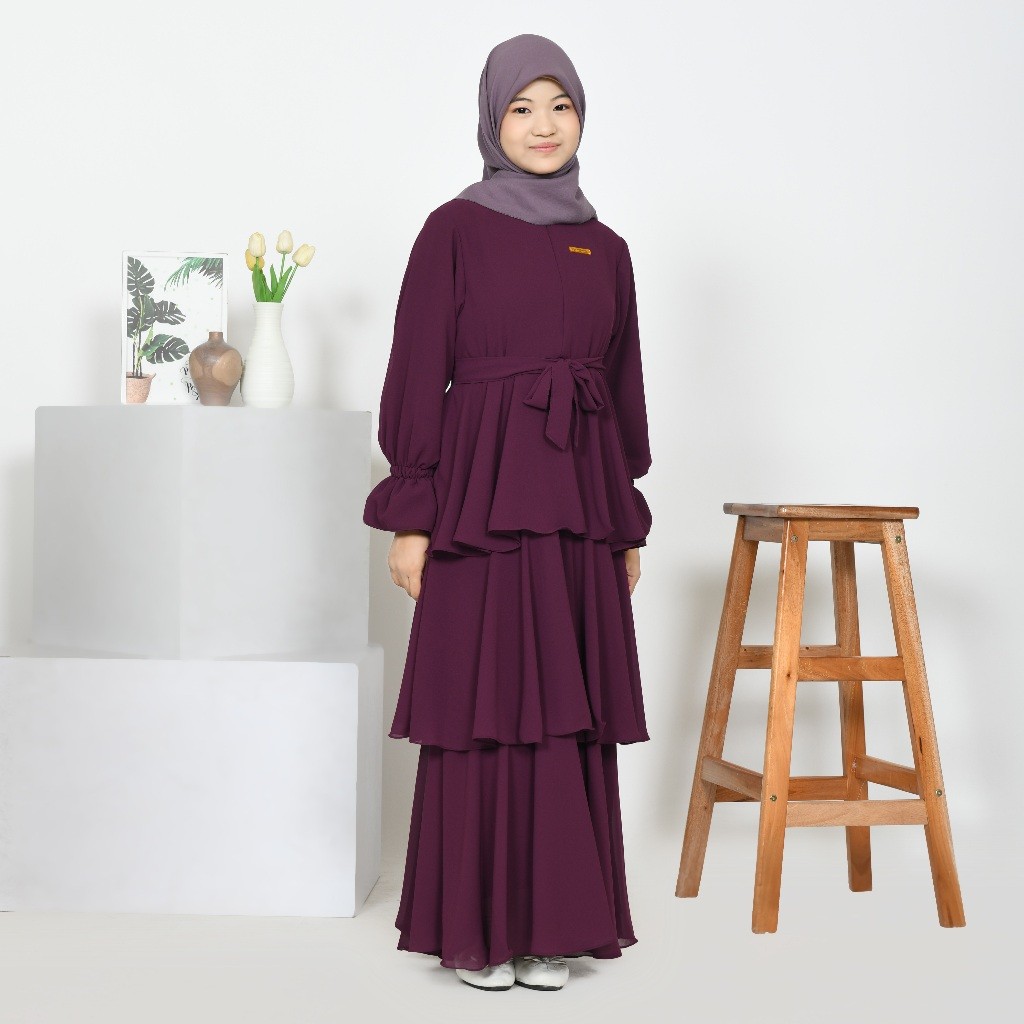 Elsa Gamis Anak Perempuan Remaja Tanggung Burgundy Ceruty Babydoll Kekinian Long Dress Muslim