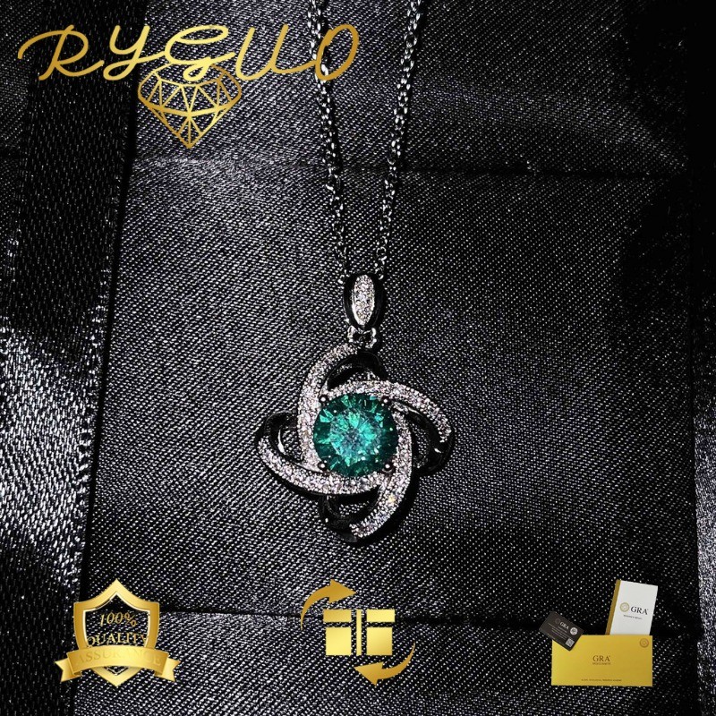 RYGUO Kalung Liontin Moissanite Emas Putih Biru Hijau