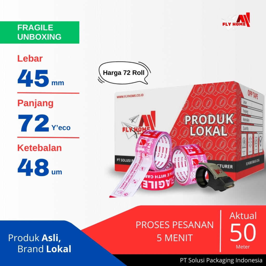

FLYHOME Fragile unboxing 72yard 1 dus 45mm x 72yard lakban segel 72 roll ECO Cargo