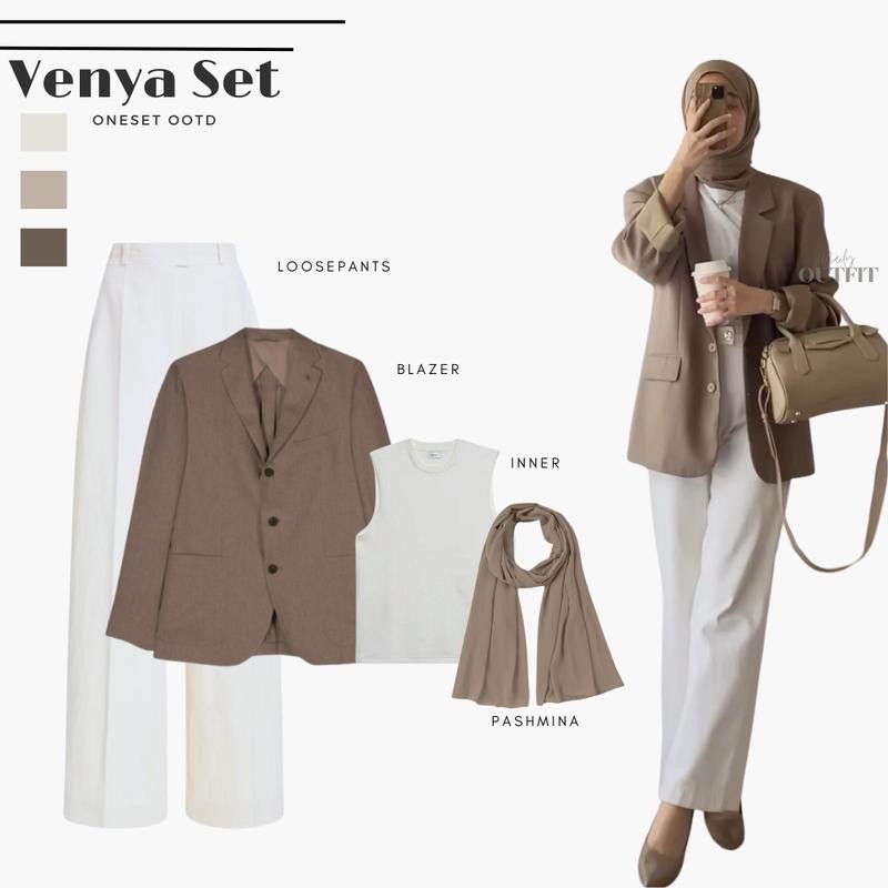Outfit Wanita Kekinian ( Blazer + Inner + Celana Kulot + Hijab ) One set OOTD 4 in 1 - Venya