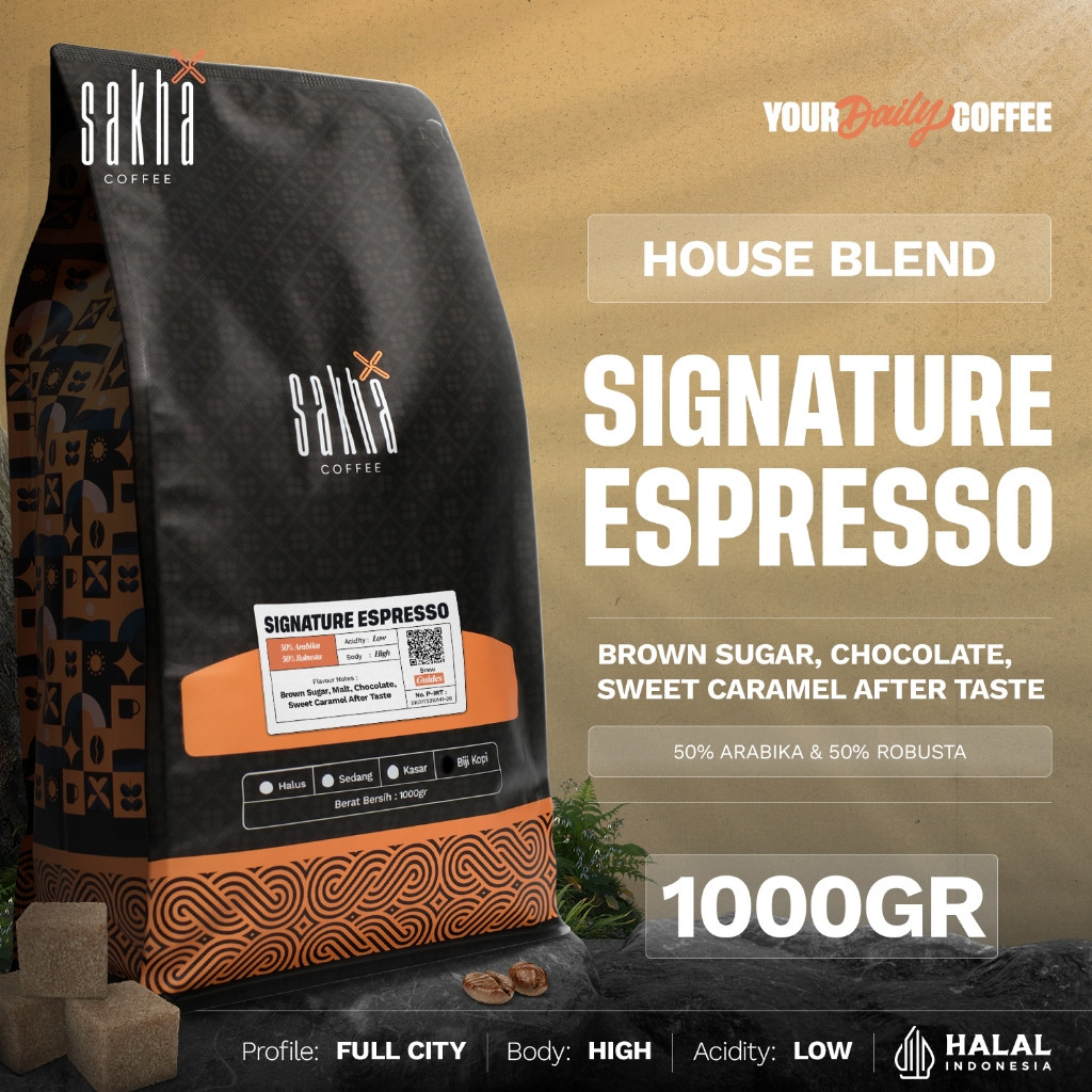 

Biji Kopi Bubuk Signature Espresso House Blend 50% Arabika 50% Robusta Coffee Beans Sakha Coffe 1Kg