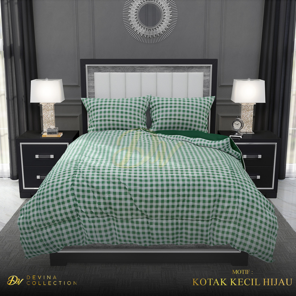 Devina Collection Bedcover Sprei Set Aesthetic Korea Karet Anti Geser Kotak Hijau Kecil King 180x200