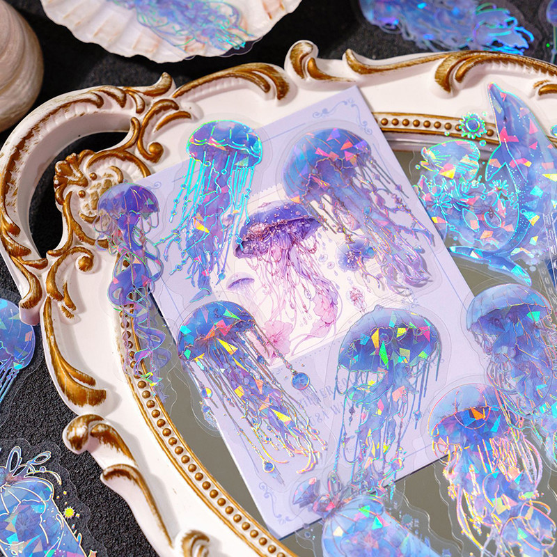 

20 sheets Unbounded Jellyfish Series PET Sticker Bag Dream Laser Watercolor Shell Marine Material Hand Account Goo Card Stickers
