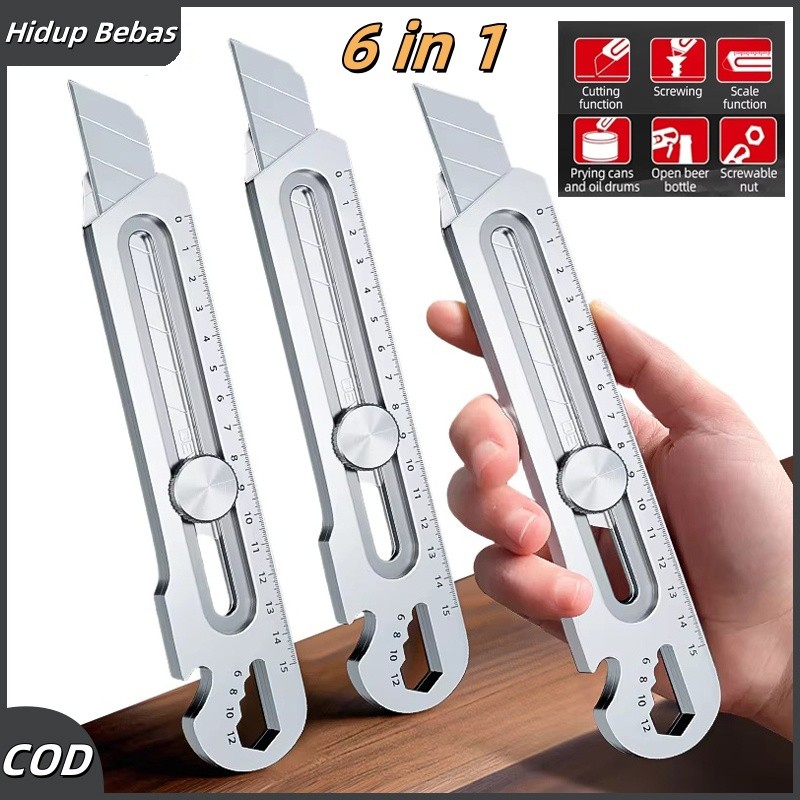 

Pisau Cutter Stainless 6 IN1 Multifungsi / 18mm Besi Cutter Pemotong Kertas